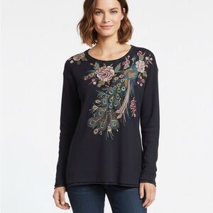Johnny Was Peacock Embroidered Thermal Top Black – Small
